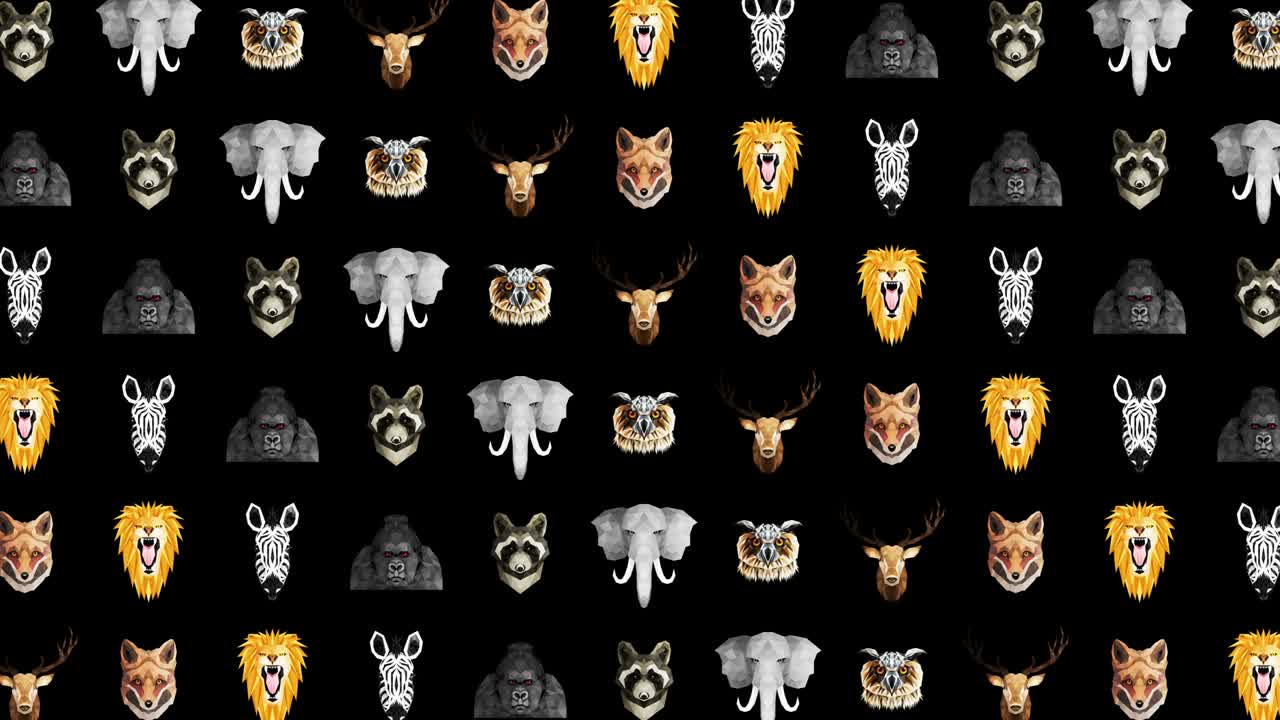 colección de diferentes animales. símbolo del zoológico. iconos de polígono bajo. león, gorila, cebra, mapaches, zorro, elefante, ciervo, búho. conjunto de animación de bucle geométrico.