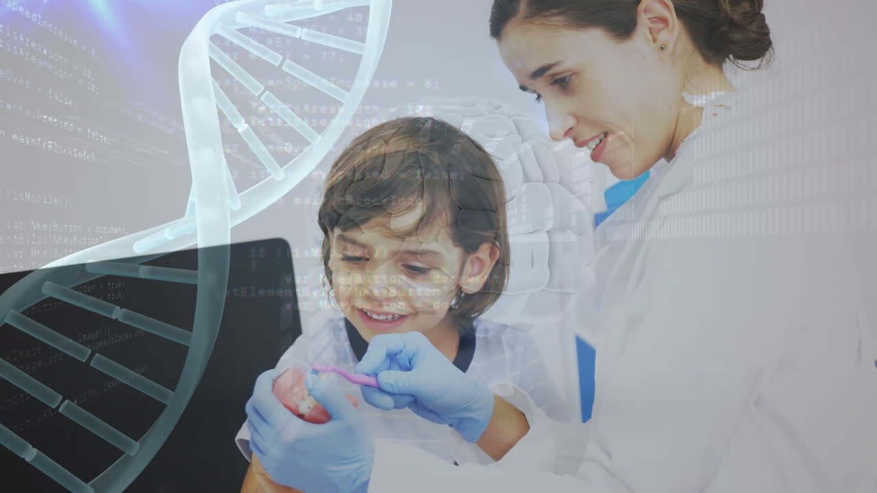 animación de la hélice de adn digital, anatomía del cerebro, códigos binarios sobre el dentista con la chica limpiando las dentaduras