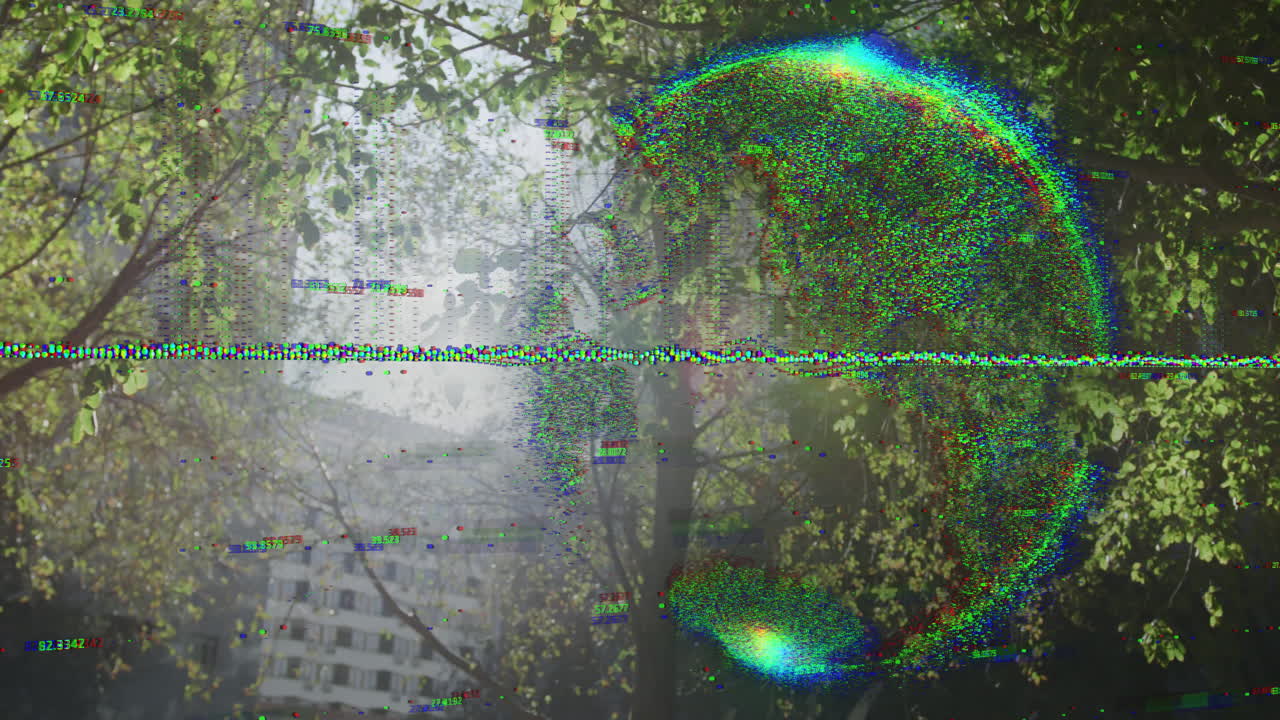 Urban animation with glitchy digital distortion effect over trees and building