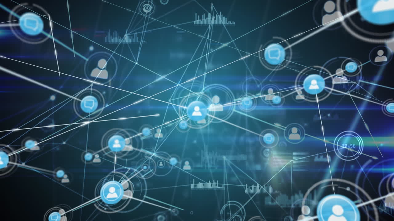 Animation of network of connections with icons and data processing on blue background