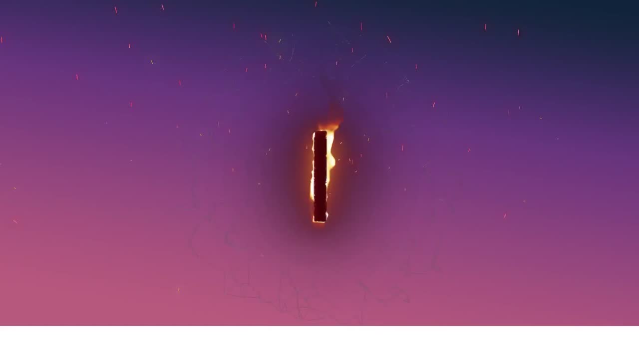 animación del número 1 ardiendo con llamas, sobre fondo púrpura