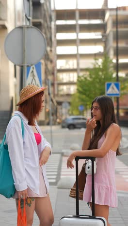 two young women chatting on a city street