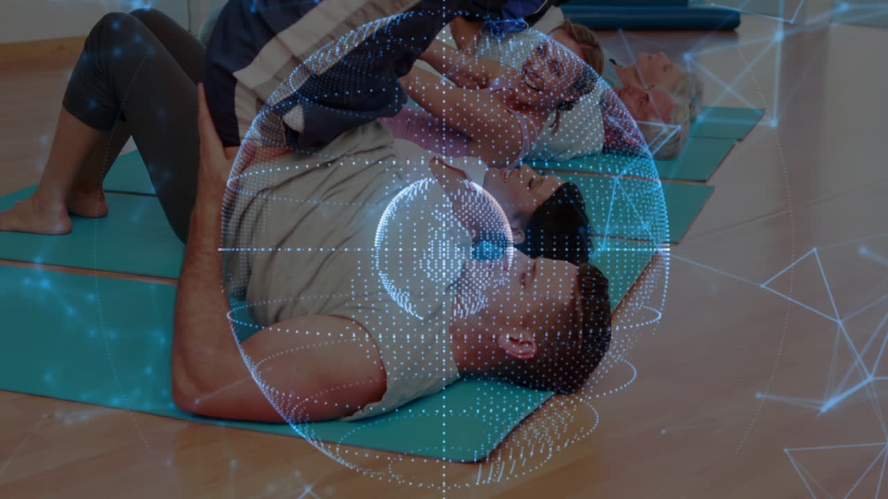 Base on teal mats bracing flyer climbing extending legs to backbend sparking holo globe for fitness