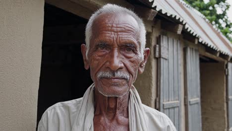 elderly man standing confidently in rural doorway, radiating wisdom and serene presence within traditional countryside setting, embodying lifelong experience and cultural heritage