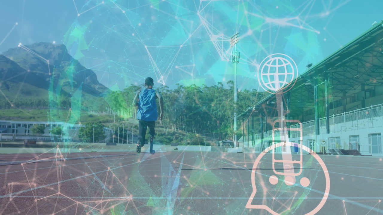 Runner on track with digital network and smartphone animation overlay