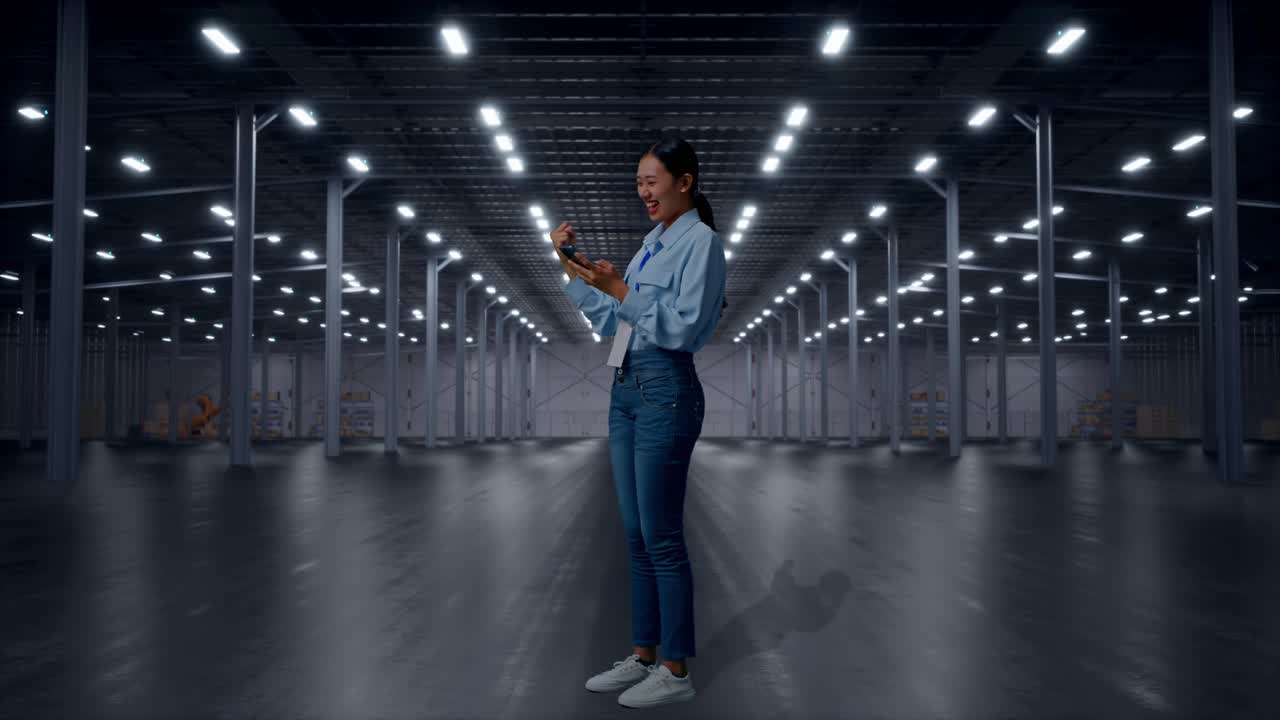 Full Body Side View Of Asian Female With Her Phone in Empty Modern Warehouse, She Raises Her Fist Up With Screaming Goal