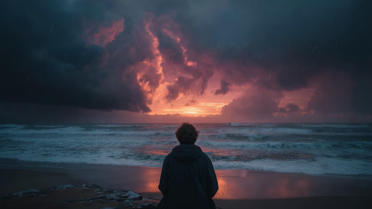 A Dramatic Sunset Unveils Over Ocean Waves as a Figure Sits Contemplatively, Surrounded by Dark Storm Clouds Evoking a Deep Sense of Reflection and Nature's Power