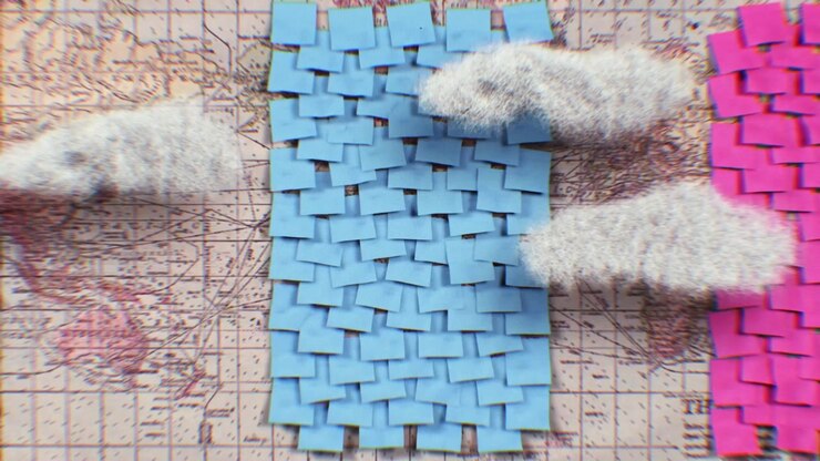 Stop Motion Animation of Colorful Sticky Notes Moving Across a Vintage World Map