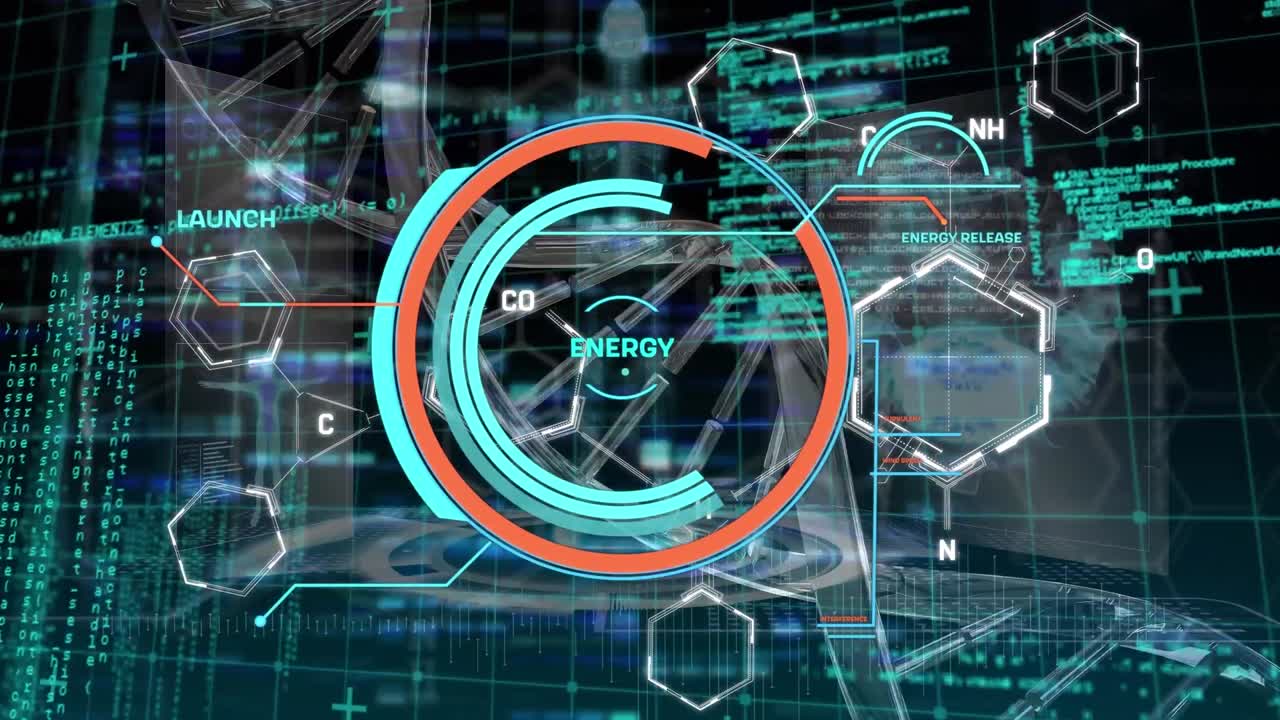 Animation of processing circle with energy, dna and data processing on black background