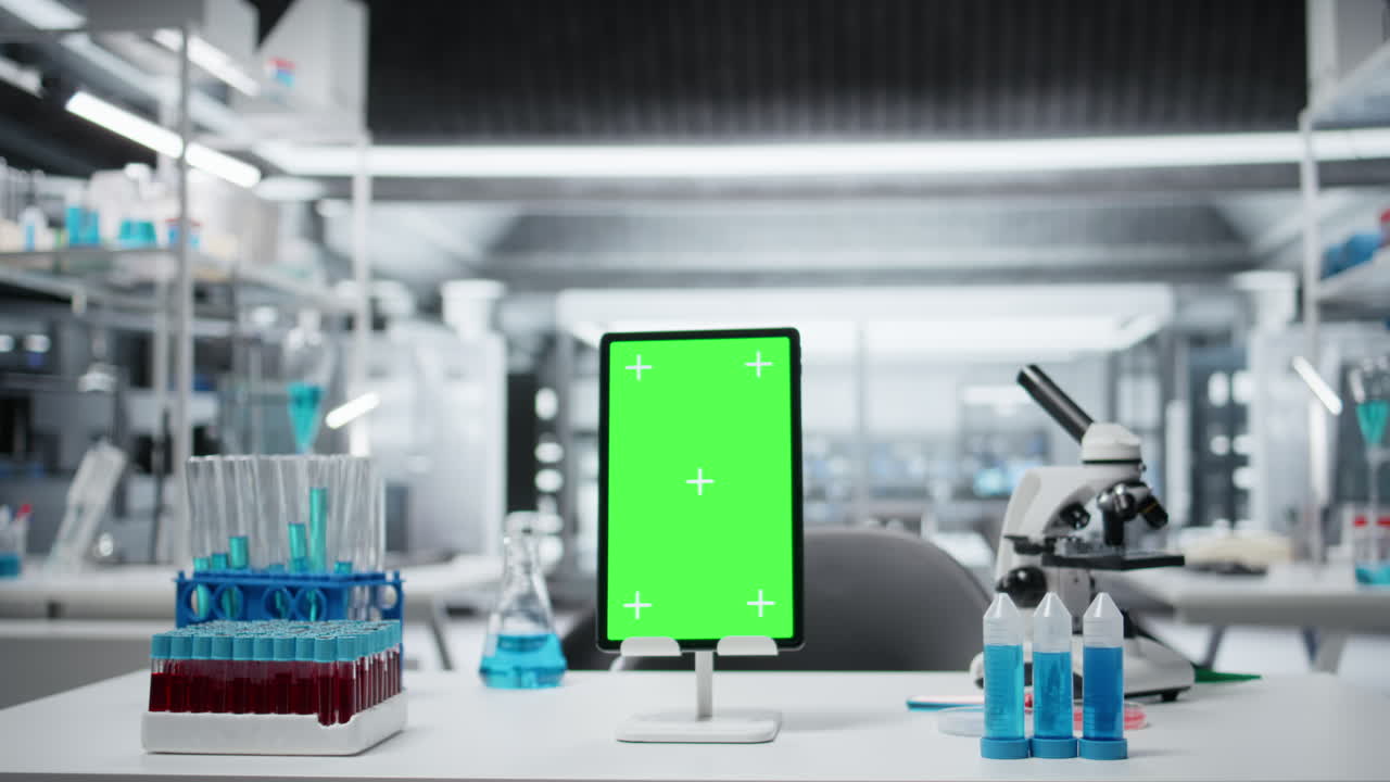 Green screen tablet on laboratory workbench, close up