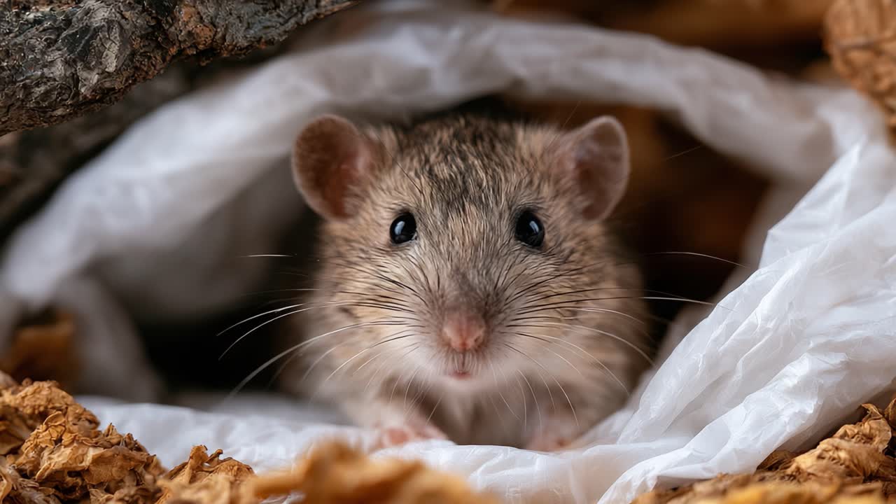 Un topo curioso che sbircia da un nido di carta sminuzzata e trucioli di legno, mettendo in mostra le sue adorabili caratteristiche e le sue espressioni intriganti in un ambiente naturale.