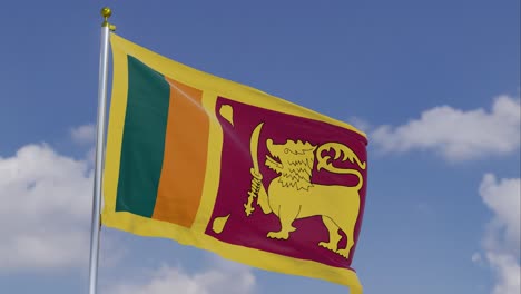 Flag-Of-Sri-Lanka-Moving-In-The-Wind-With-A-Clear-Blue-Sky-In-The-Background,-Clouds-Slowly-Moving,-Flagpole,-Slow-Motion