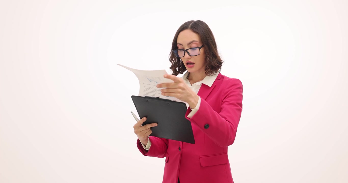 Empresária lê documento com expressão de dúvida em fundo branco