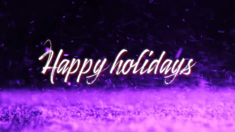 animation of happy holiday text over purple snow moving in brisk wind against black background
