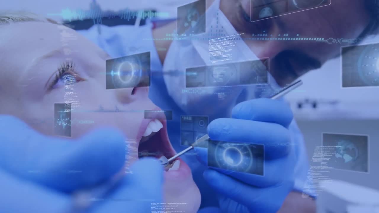 animação de processamento de dados sobre menina na cadeira do dentista