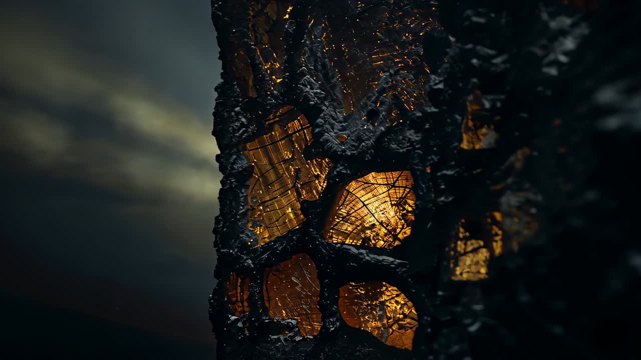 Macro shot showing charred porous surface pulsing in smoky interior, glowing cavities, copy space