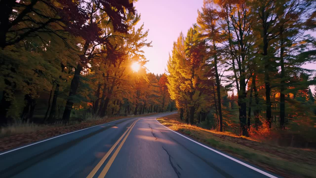 The video captures a serene drive through a forest with vibrant autumn colors, creating a peaceful