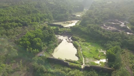 a large river that contains little water with tree vegetation around it