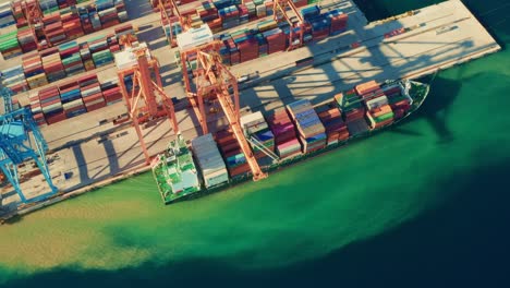 vista aérea de los contenedores cargando y descargando al barco en el puerto marítimo. logística y transporte de mercancías. crisis y escasez de contenedores en el mundo