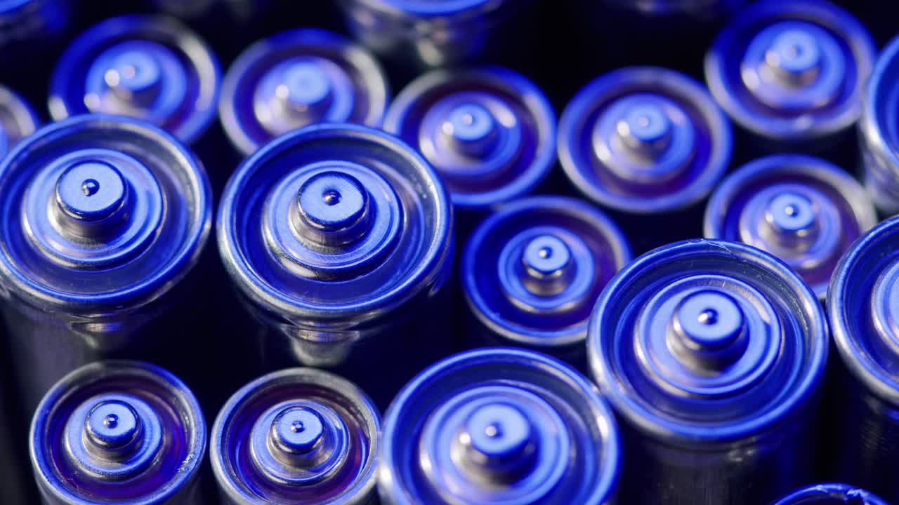 Silver batteries AA and AAA in neon light close-up. Double-A battery is a standard size single cell cylindrical dry battery. Batteries are common in portable electronic devices. An AA battery is composed of a single electrochemical cell that may be either a primary battery or a rechargeable battery.