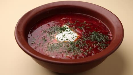 bowl of delicious russian beetroot soup (borscht)