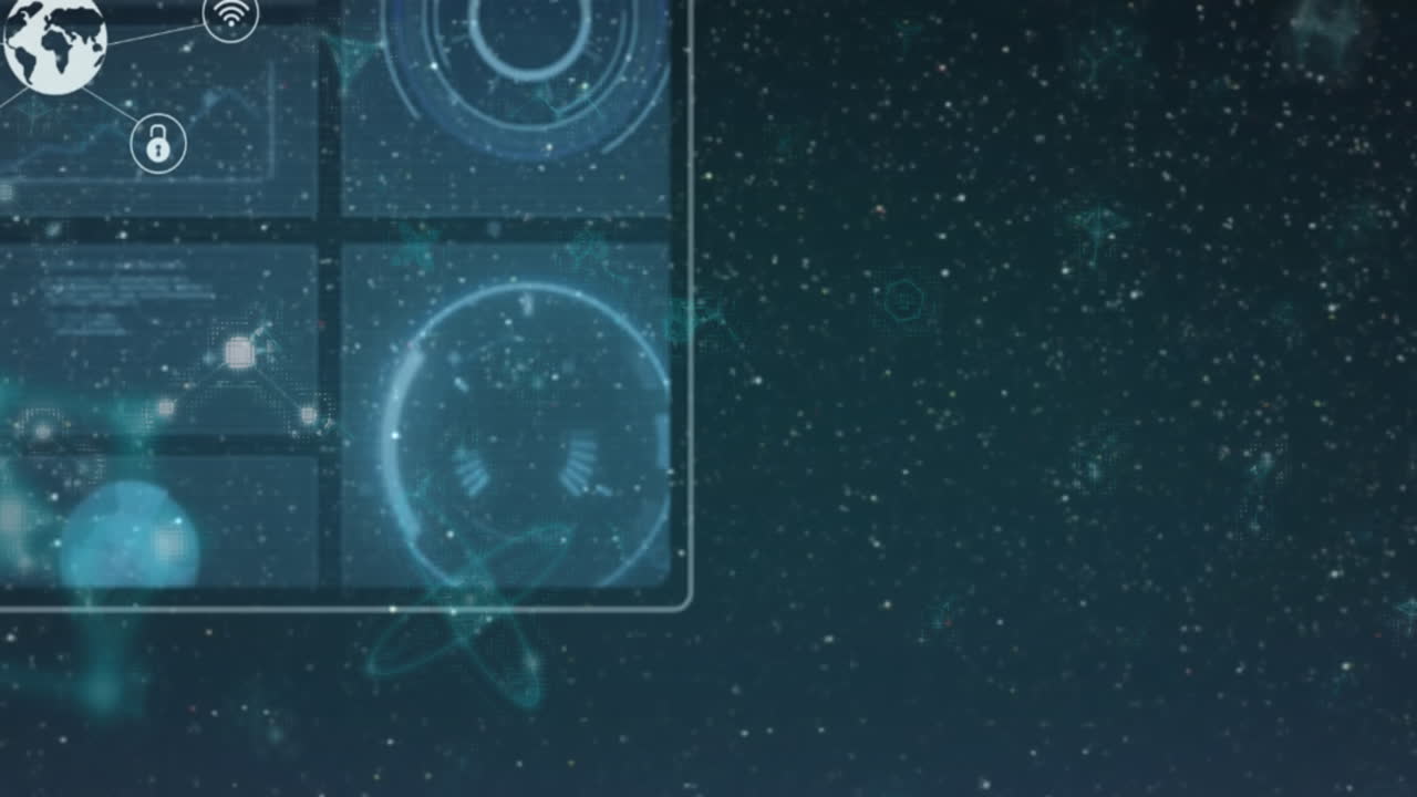 animación de iconos alrededor del globo, círculos, lenguaje informático, nucleótidos en el espacio