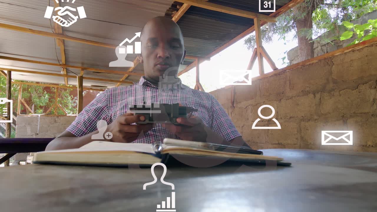 Futuristic icons of Depressed African male drone pilot