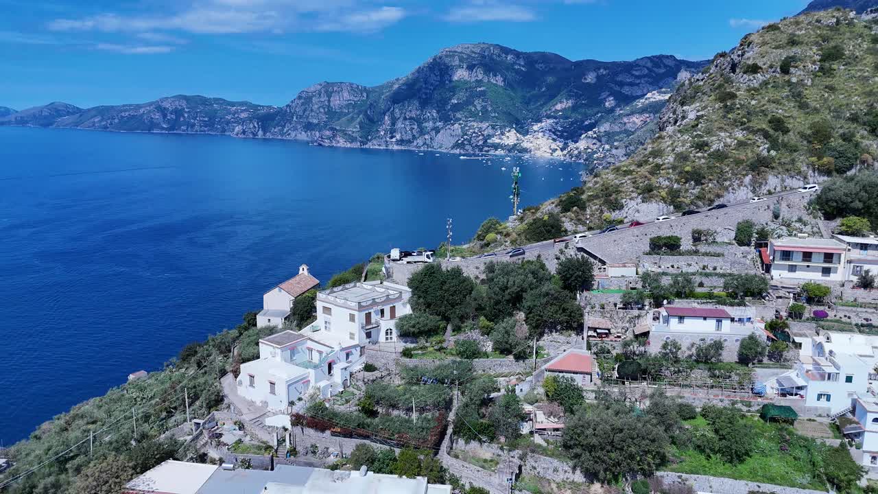 Amalfi Coast At Praiano In Salerno Italy. Beach Landscape. Giant Cliffs Scene. Amalfi Coast At Praiano In Salerno Italy. Medieval City Skyline. Gulf Of Salerno Mediterranean Sea. Beach Skyline