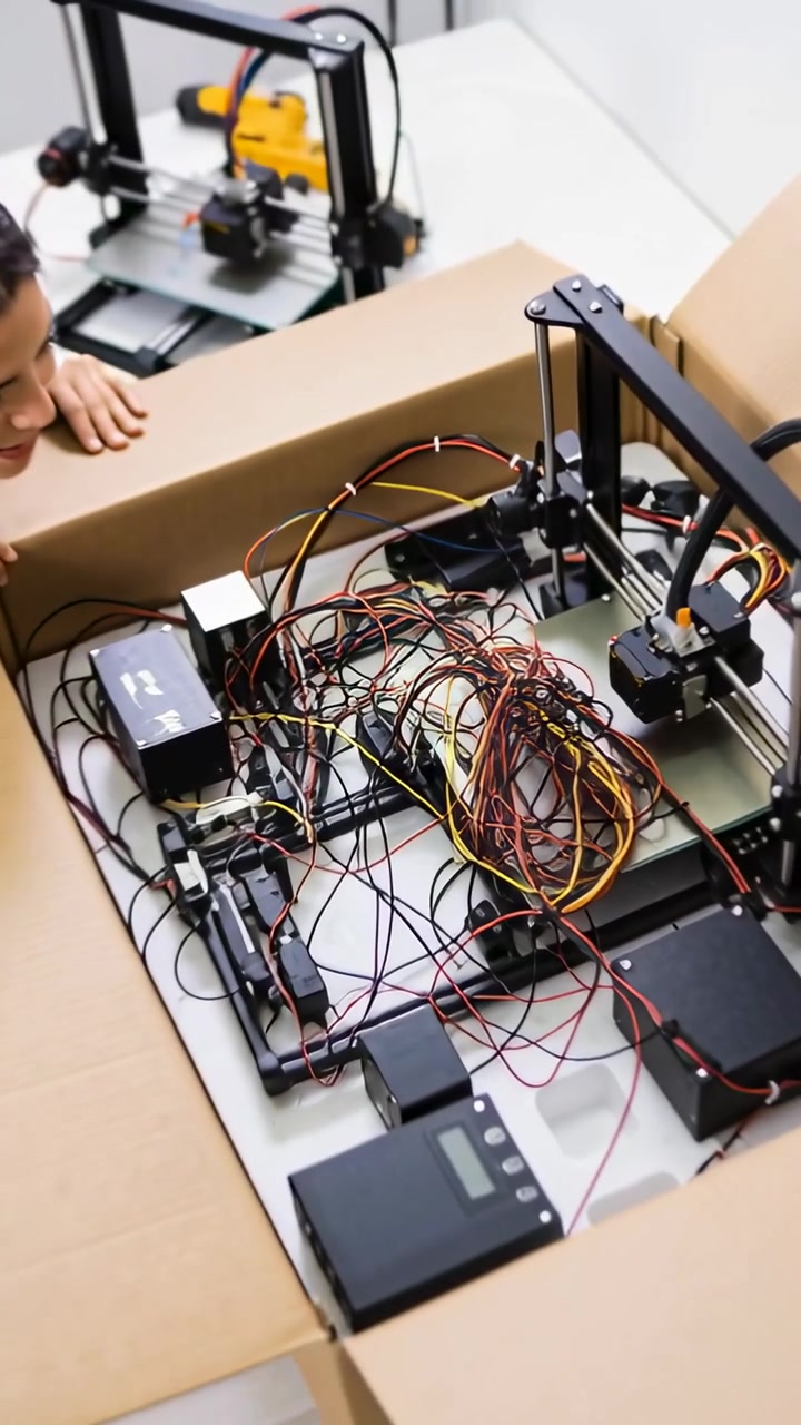 Vertical video: Lifting box lid, teen in jeans inspecting 3D printer wiring on table, for assembly