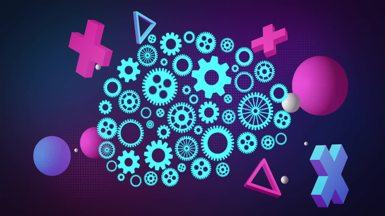 animación de una red cerebral de engranajes con formas 3d que giran sobre un fondo oscuro