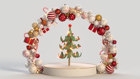 christmas tree on podium and frame of ornaments 3d render animation