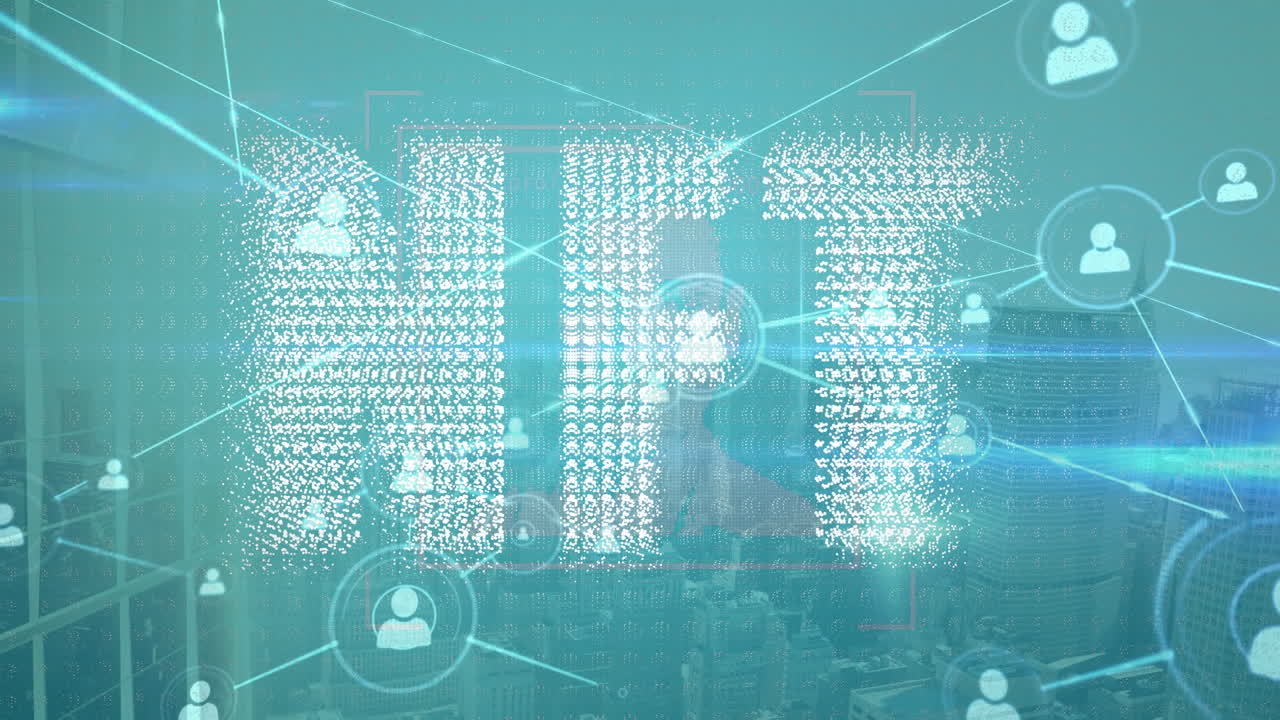 Animation of network of connections and nft text over cityscape