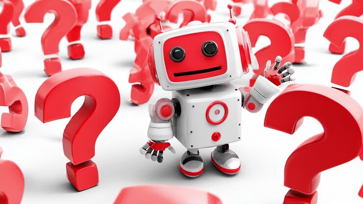 Un robot amichevole circondato da punti interrogativi rossi, che simboleggiano la curiosità e l'indagine in un ambiente giocoso e coinvolgente, progettato per stimolare la riflessione e l'esplorazione
