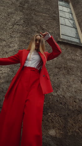 woman in red suit