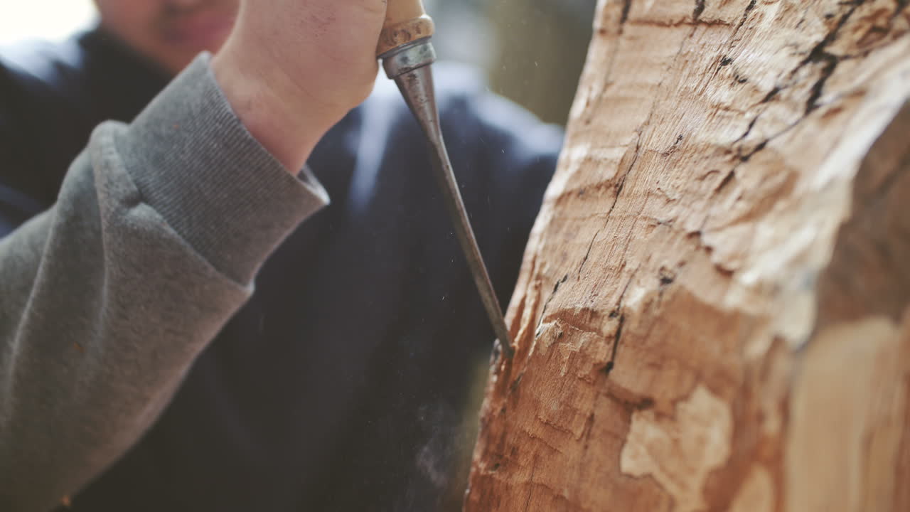 若い大工ノミ 5 で木を形作る