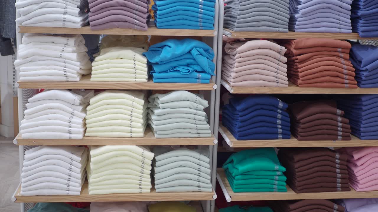 Stacks of folded shirts on shelves in a clothing store