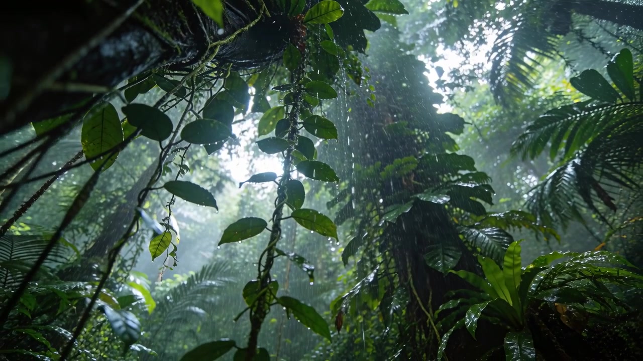 Pioggerella leggera che inizia dall'alto, una liana centrale che gocciola su foglie lucide nella nebbia della foresta pluviale.