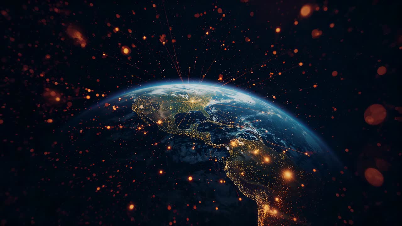 Camera pulling back revealing Earth at night, nodes pulsing, emitting streaks showing connections