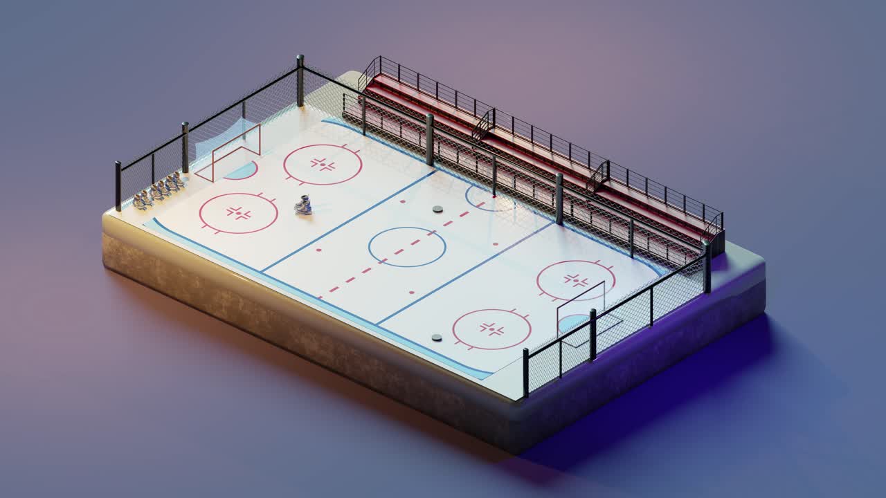 Jääkiekkokaukalon 3D-isometrinen renderöinti katsomoineen