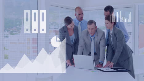business team analyzing documents with financial data chart animation over them