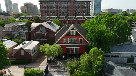 colorful red a-frame home in urban city in usa