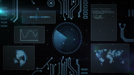 Animation-of-circuit-board-and-data-processing-over-dark-background