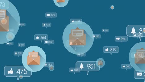 animación de sobres de correo y iconos de redes sociales sobre un fondo azul