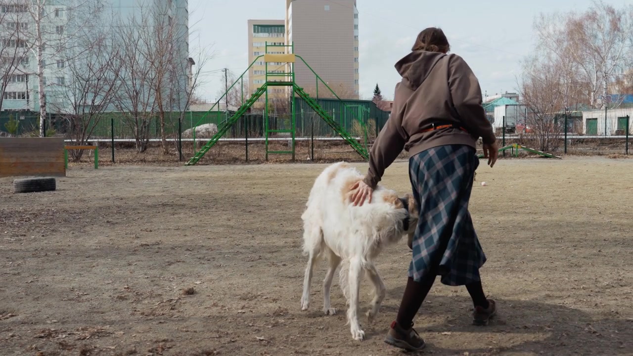 Donna cammina con un cane bianco in un'area esterna, il soggetto si muove costantemente nello spazio. La scena include luce naturale ed elementi di sfondo come alberi ed edifici, catturando la loro progressione.