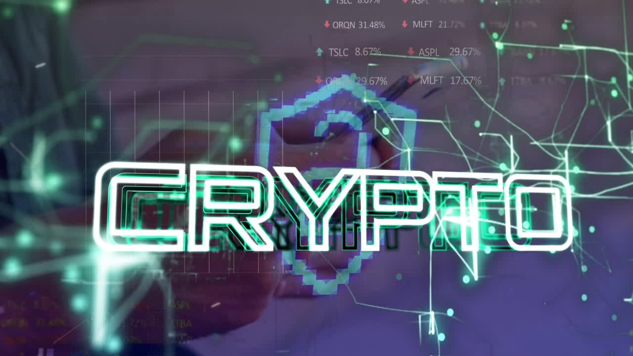Animation af kryptotekst over databehandling.