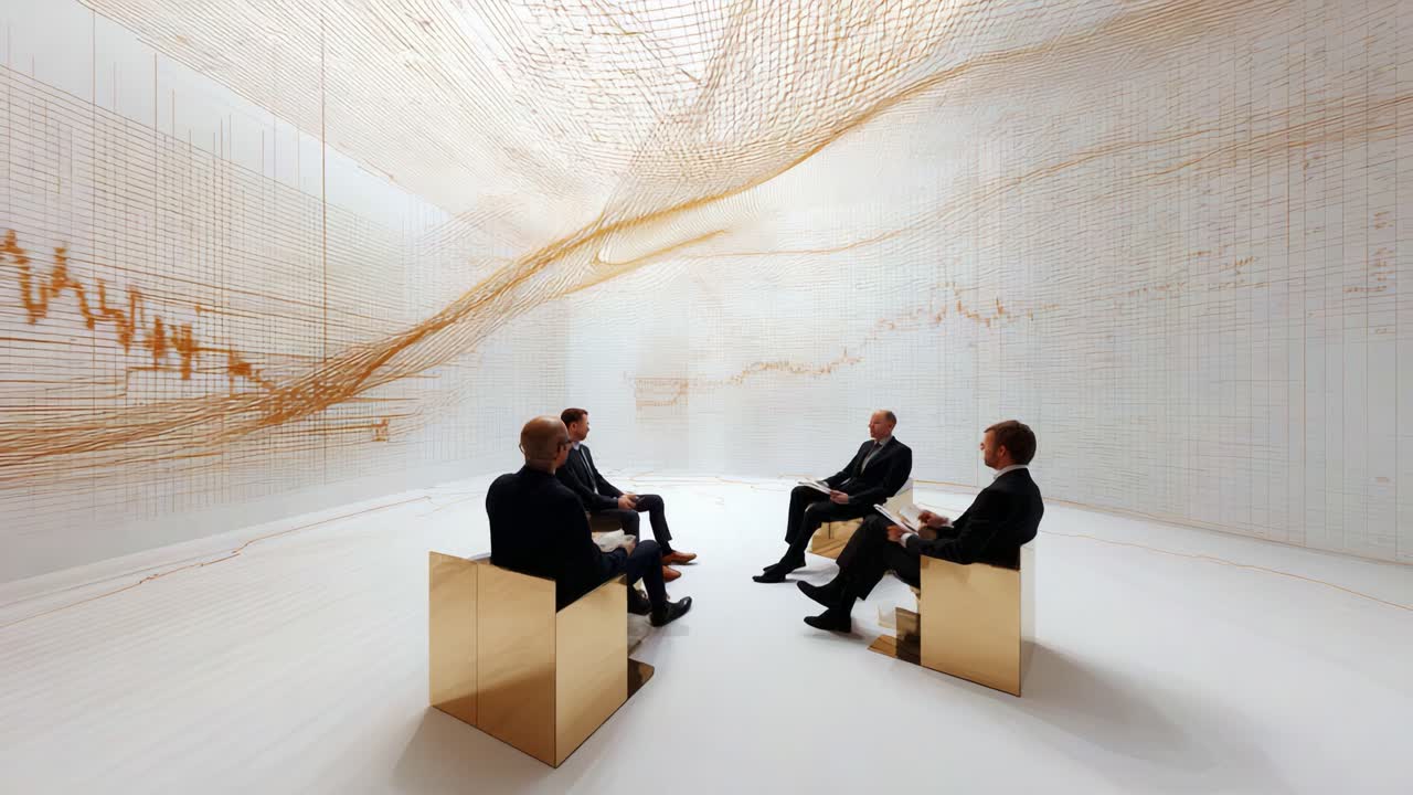 An Innovative Conference Setting with Abstract Visualization: A Group of Four Professionals Engaged in Discussion within a Unique, Data-Driven Environment Featuring Elegant Design Elements