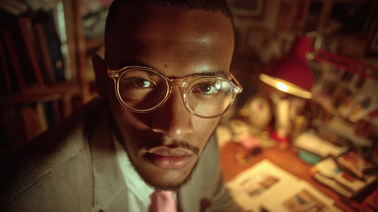 A Focused Portrait of a Thoughtful Professional: Capturing Intensity and Style in the Workspace Environment with a Unique Perspective and Warm Lighting