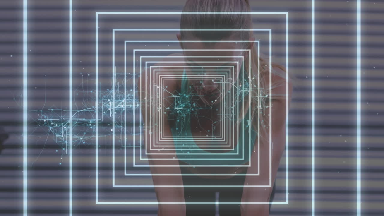 animación de un túnel brillante con una red de conexiones sobre una mujer haciendo ejercicio
