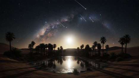 a captivating desert oasis under a starry sky: witnessing the ethereal glow of a galaxy and shooting stars reflecting over calm waters