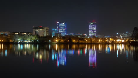 bucharest city skyline time lapse with reflections in the lake ,romania